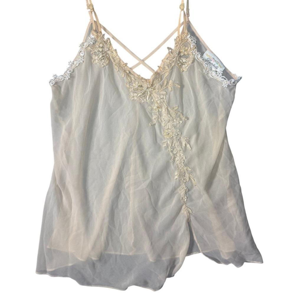 VTG Dentelle Cream Lace Pearl Embellished Chiffon Camisole Top Medium 67042-002